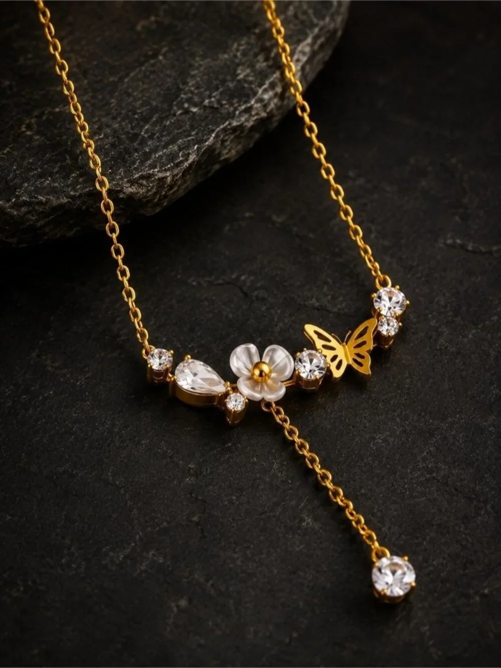 Gold Flower and Butterfly Lariat Necklace with White Enamel